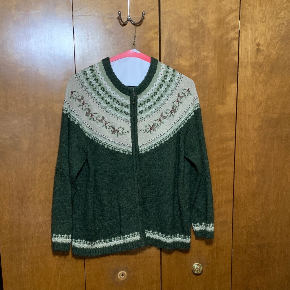 Croft & Barrow- Dark Green and Cream Sweater Zip Up Cardigan (1X)